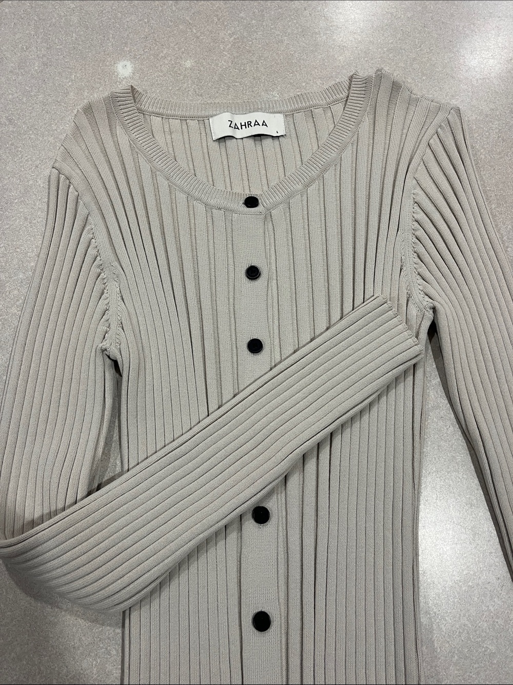 Zahraa Ribbed Long Sleeve Button-Front dress in Light Beige